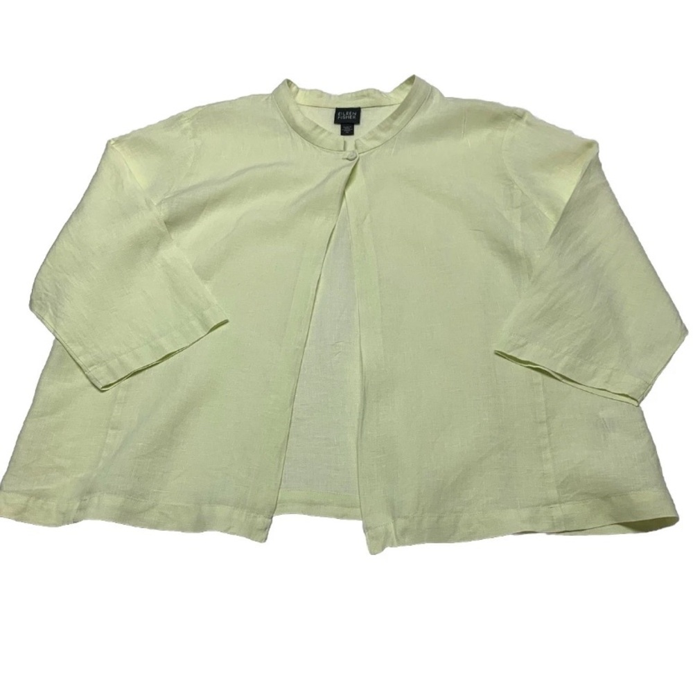 Eileen Fisher Irish Linen Jacket XL Yellow Coastal 3/4 Sleeve One Button Relaxed